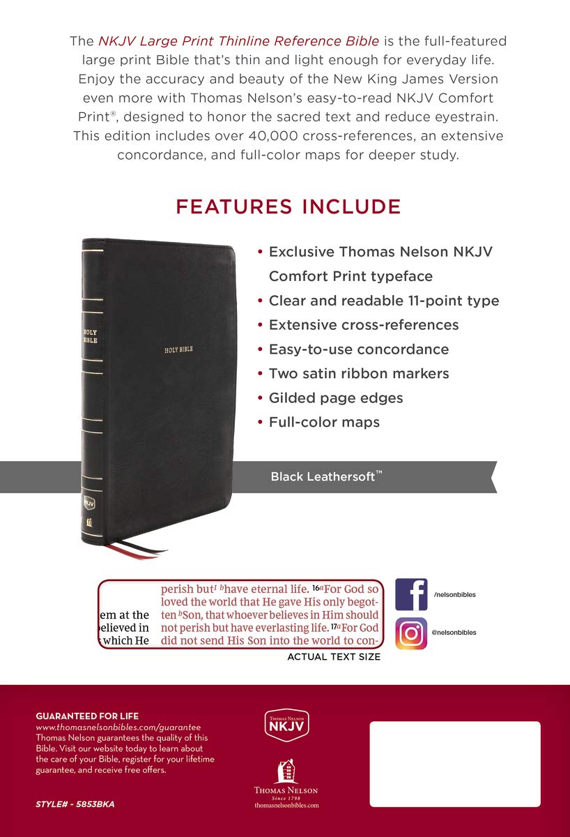 NKJV, Thinline Reference Bible, Leathersoft, Black, Large Print - Image 2