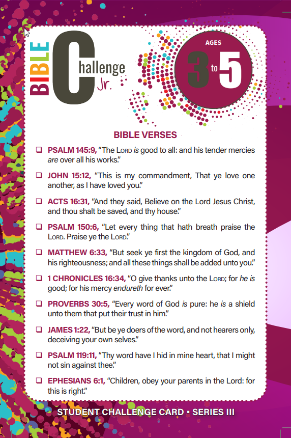 Bible Challenge Jr. STUDENT CHALLENGE CARD, Series III